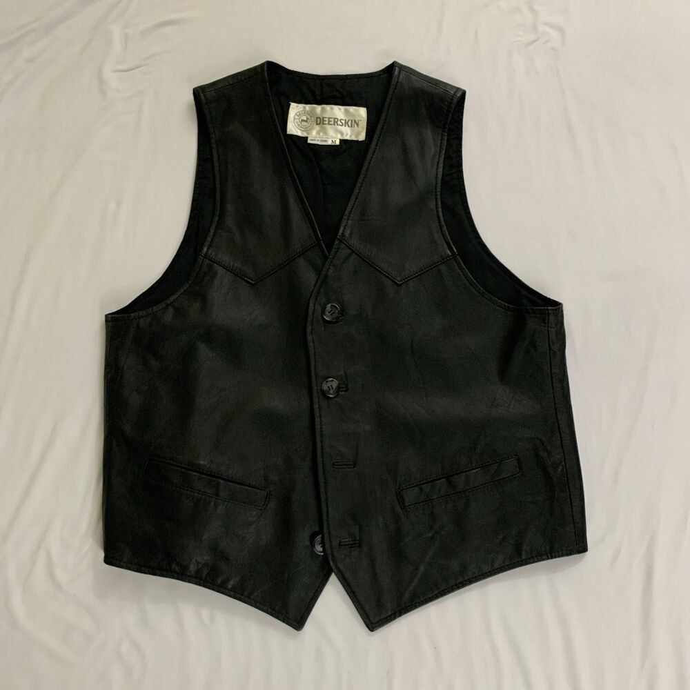 Vintage Men's Deerskin Leather Vest Size M Western Style Ranch Black Cowboy